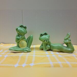 Pair Of Charming Cheeky Green Ceramic Frog Figurines